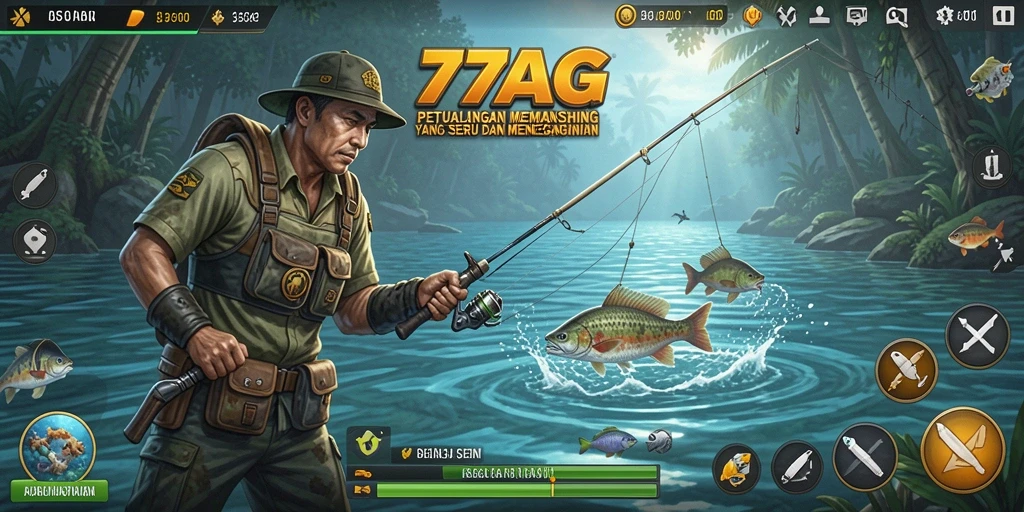 Screenshot gameplay 77AG menampilkan aksi memancing yang seru.