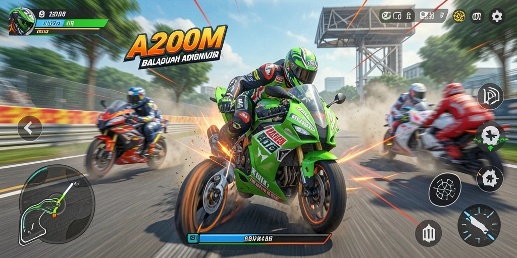Screenshot gameplay A200M menampilkan aksi balapan motor yang mendebarkan.