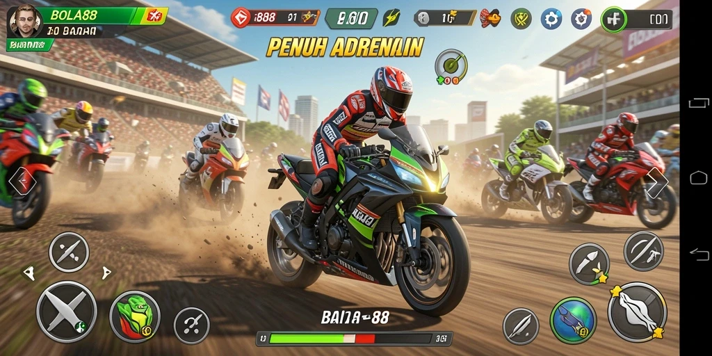 Tampilan gameplay BOLA88 saat balapan motor penuh aksi.
