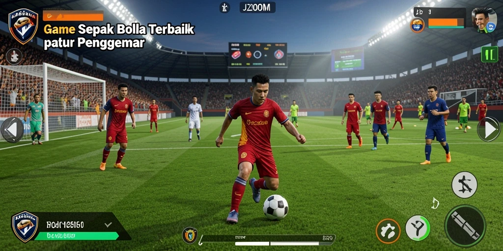 Screenshot gameplay J200M yang menampilkan aksi sepak bola yang seru.