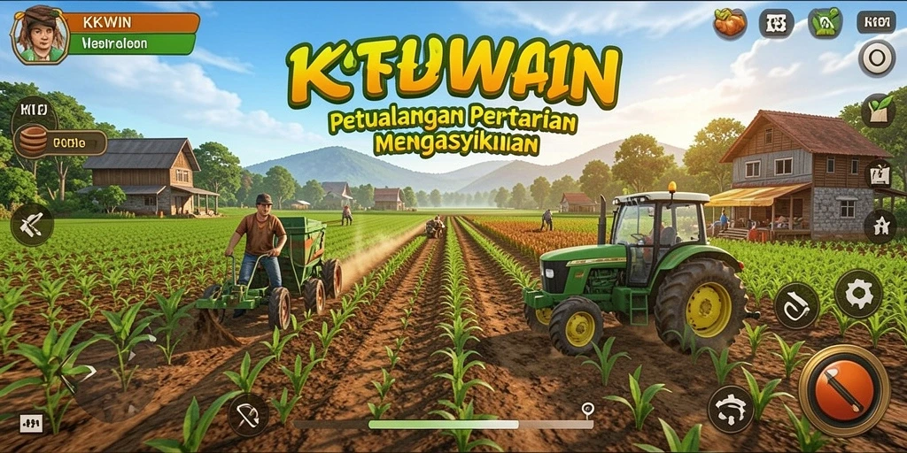 Screenshot gameplay KKWIN menampilkan kebun yang subur dan aktivitas bertani.