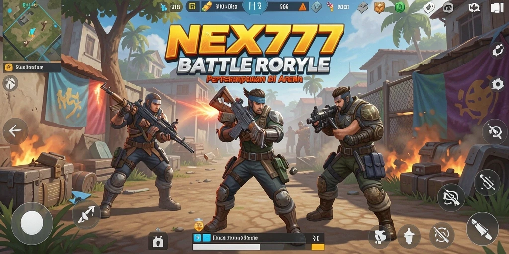 Tangkapan layar utama NEX777 menunjukkan pertempuran seru di arena Battle Royale.